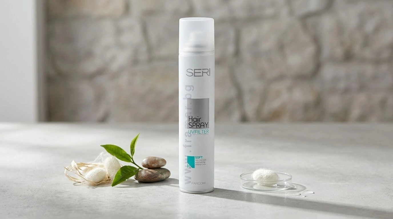 Lac de păr Farcom Seri Hair Spray UV Filter cu fixare lejeră și protecție anti-frizz împotriva umidității și radiațiilor solare. 